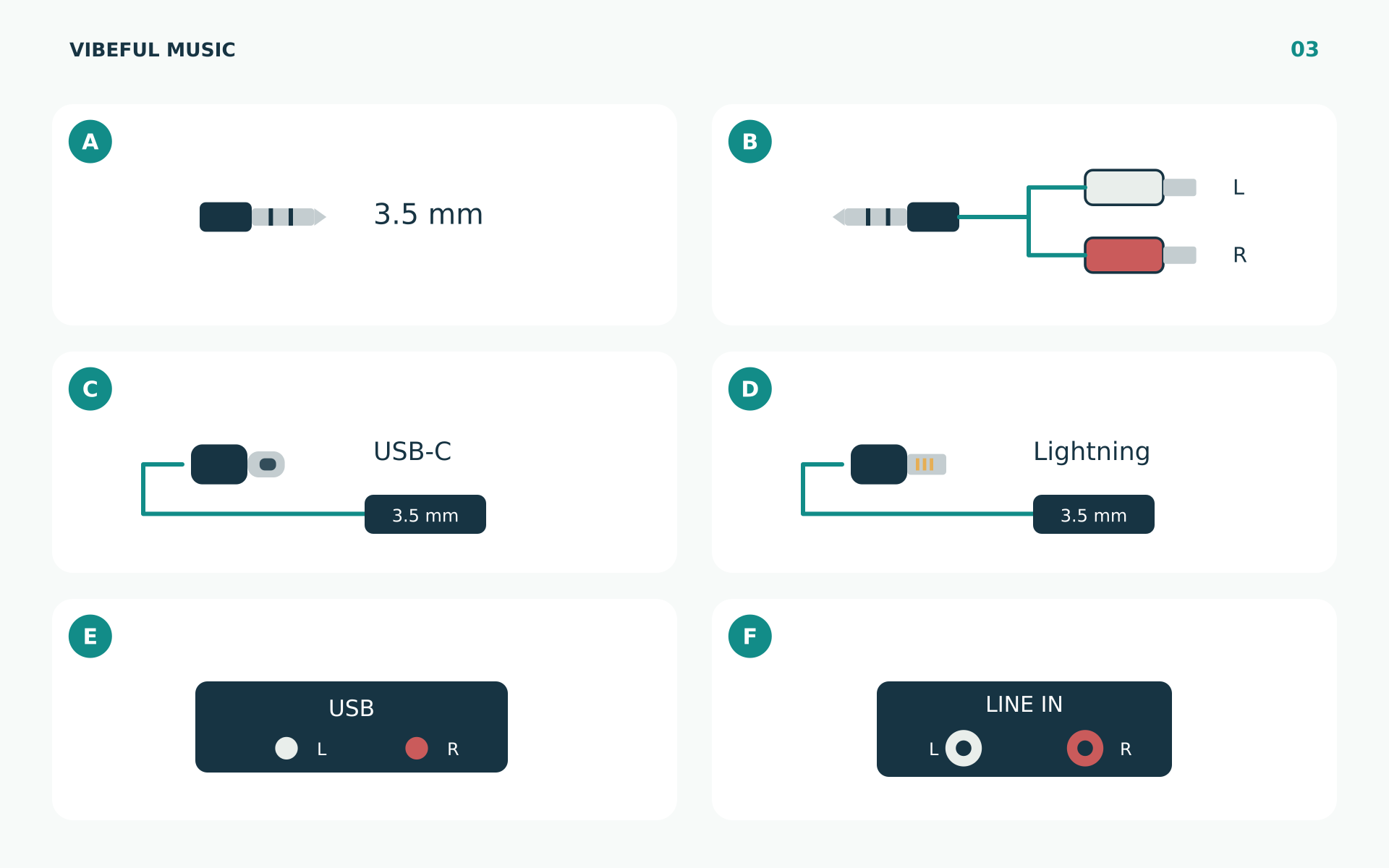 Examples A–F show a 3.5 mm plug, RCA cable, USB-C and Lightning adapters, and a USB audio device.