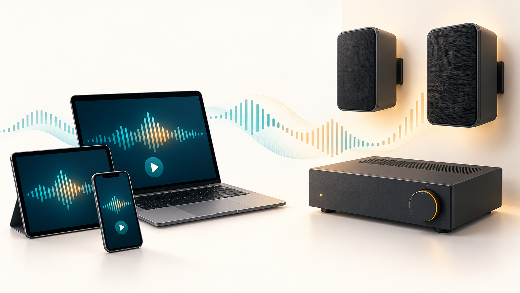 Laptop, tablet and phone alongside an amplifier and speakers.